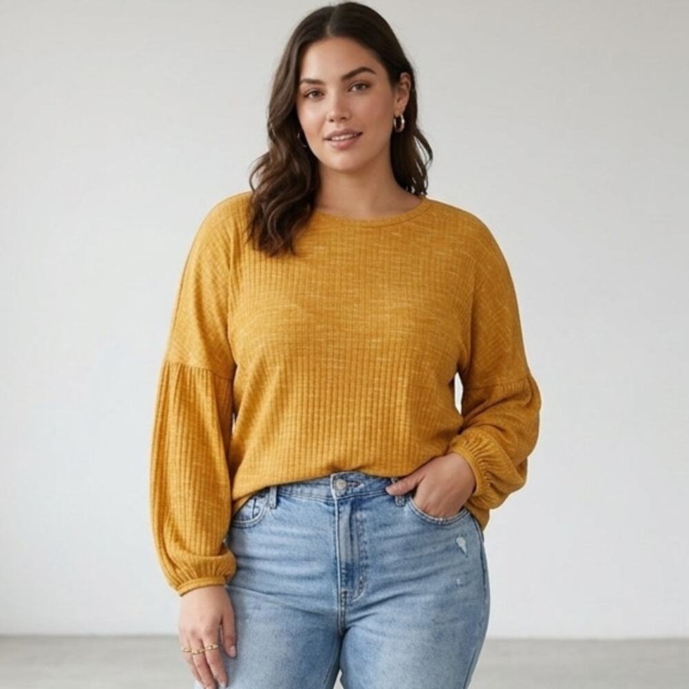 Juicy Couture Mustard Yellow Ribbed Balloon Sleeve Top Y2K